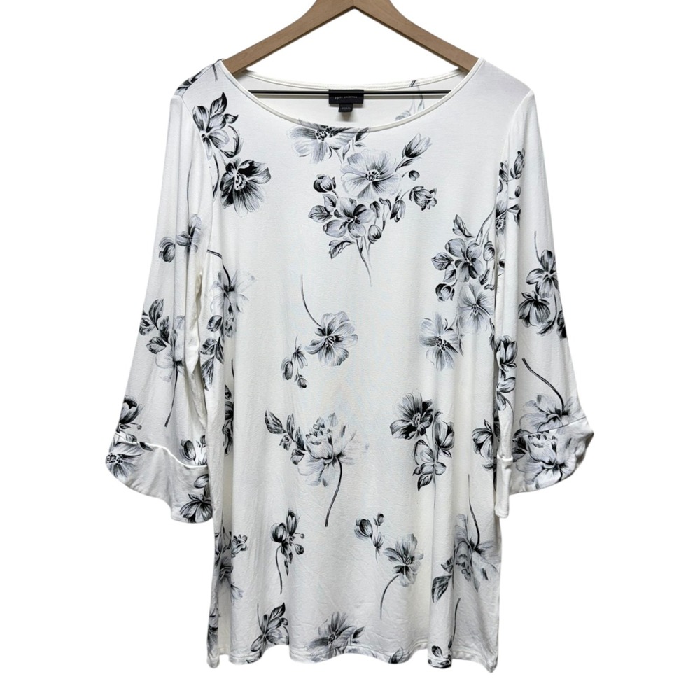 J. Jill Collection Floral 3/4 Bell Sleeve Top White Sz L Artsy Office Stretch